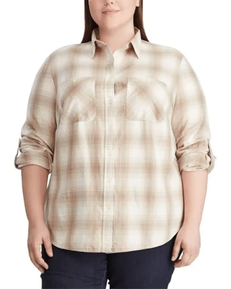Front of a model wearing a size 2XL Ralph Lauren Women's Plus Plaid Roll Tab Sleeve Shirt White Size 2XL in White by Ralph Lauren. | dia_product_style_image_id:314733